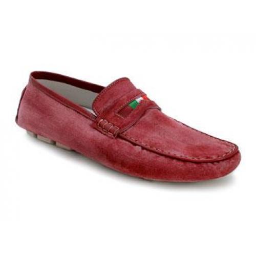 Bacco Bucci "Zubrus" Red Genuine Hand Brushed Italian Vintage Calfskin Loafer Shoes